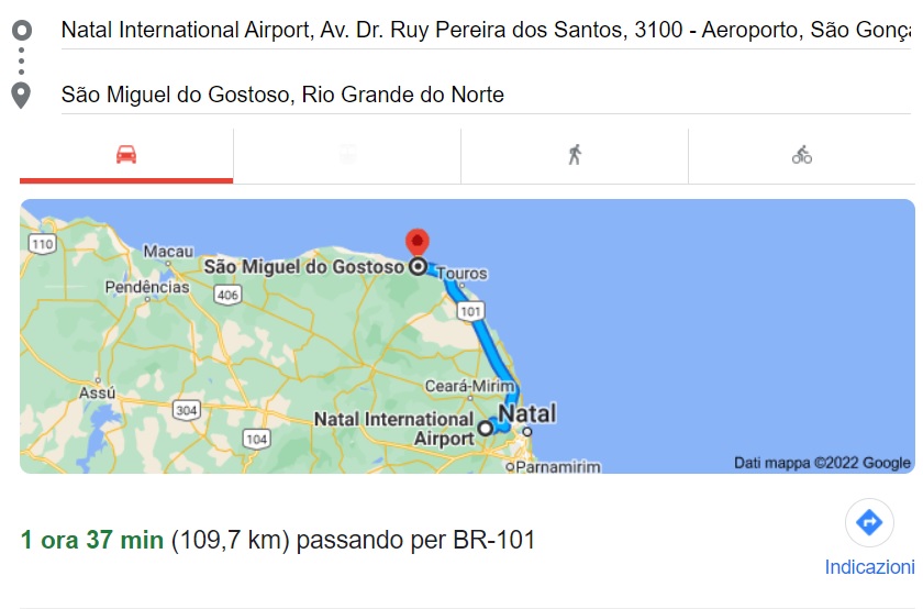 distância ilustrada entre o aeroporto de Natal e São Miguel do Gostoso