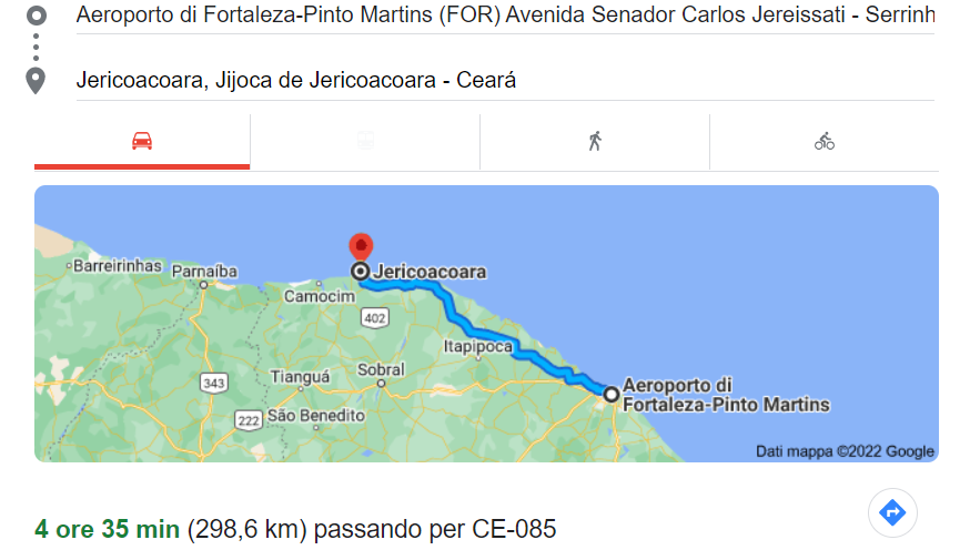 rota ilustrada entre aeroporto de Fortaleza até Jericoacoara