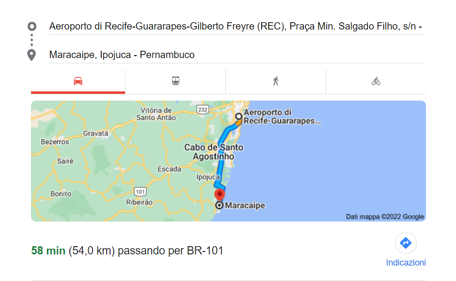 mapa ilustrado rota entre aeroporto Recife e Maracaípe